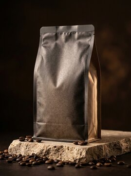 Black coffee bean bag mockup on stone pedestal with roasted beans and dark background
