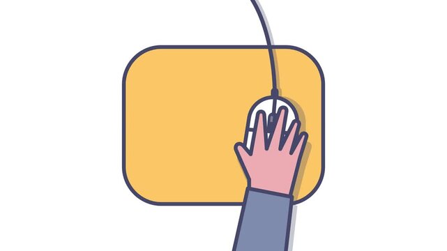 Vector flat 2D animation of a human hand moving a computer mouse on a yellow mousepad and clicking. Ideal for technology, web tutorials, e-commerce, and office workplace projects.