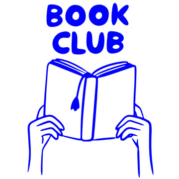 Book club blue doodle illustration with hands holding open book for reading