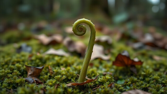 Involute fern fiddlehead in forest moss, growth and nature renewal concept
