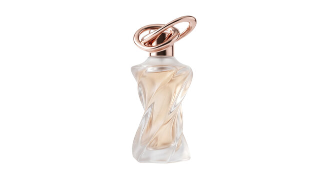 Elegant perfume bottle with twisted glass design, luxury fragrance container with rose gold cap, feminine scent product shot on white