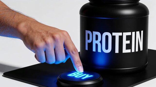 Close-up of a man's hand pressing a retail BUY button next to a large plastic tub of protein powder. Instant online purchase and choosing the right premium collagen supplement concept