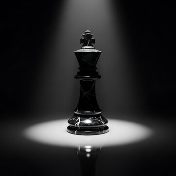 Black marble chess king in dramatic spotlight, elegant stone chess piece on dark background, luxury game piece for business strategy