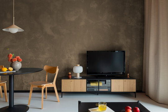 Modern Living Space with Textured Walls and Minimalist Furniture: Stylish and Comfortable Interior Design