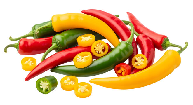 A vibrant and colorful collection of assorted chili peppers both whole and sliced isolated on transparent background