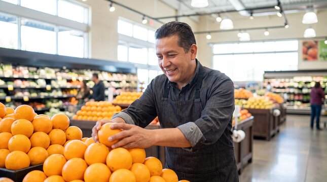 Supermarket employee restocking oranges busy store fresh fruit display worker organizing citrus in large retail environment with shoppers browsing creating welcoming atmosphere for everyday grocery