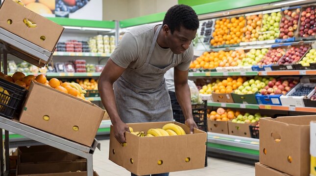 Grocery worker lifting banana crate from shelf produce section employee bending to retrieve fresh fruit delivery box for efficient restocking workflow and hands-on physical retail labor operations