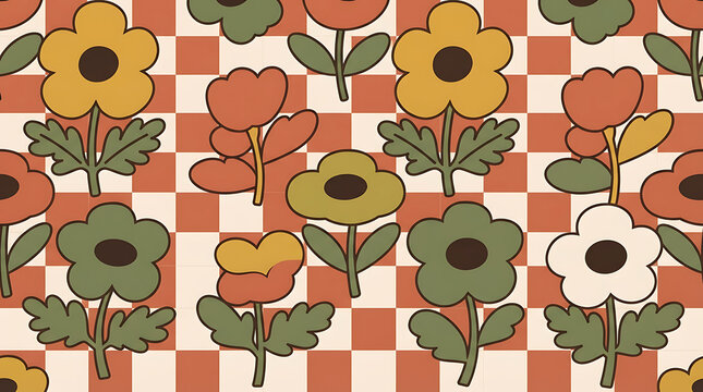 Seamless pattern with retro pixel flowers on a checkered background for vintage style textile design and creative wallpaper prints featuring muted earthy colors like yellow green and orange