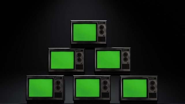 Vintage Retro TV Wall with Green Screens and Chroma Key