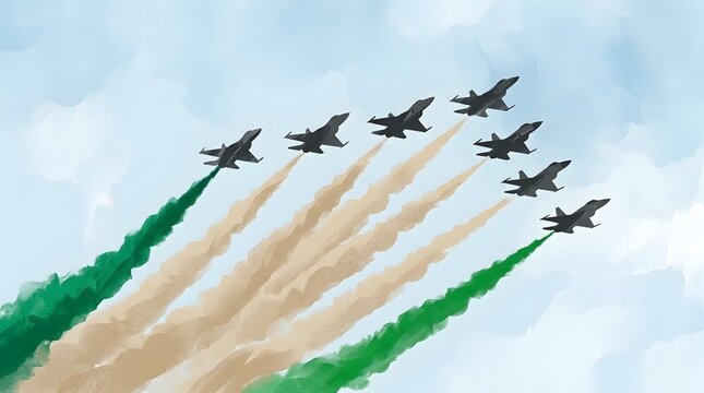 "Nine fighter jets flying in diagonal formation with green and orange smoke trails across blue sky air show."