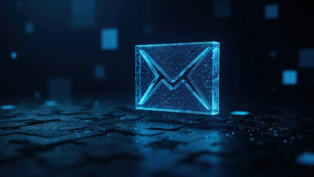 A glowing digital email envelope icon floating above a futuristic dark tech network board. Data communication and cyber security concept for business.
