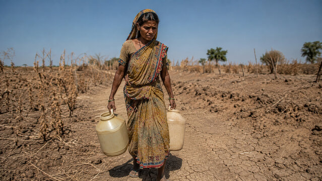 A woman walks through a dry, barren field carrying two water containers, symbolizing drought and water scarcity