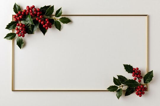 Elegant Golden Christmas Frame with Fir Branches and Red Holly Berries Holiday Border