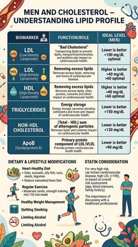 Men health infographic showing lipid profile levels and tips