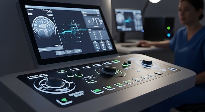 Medical professional operating advanced diagnostic imaging machinery in a hospital room with screens displaying patient scans and neurological data during a routine health examination procedure