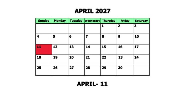 April 2027 calendar page with highlighted date april 11th planning and scheduling concept schedule