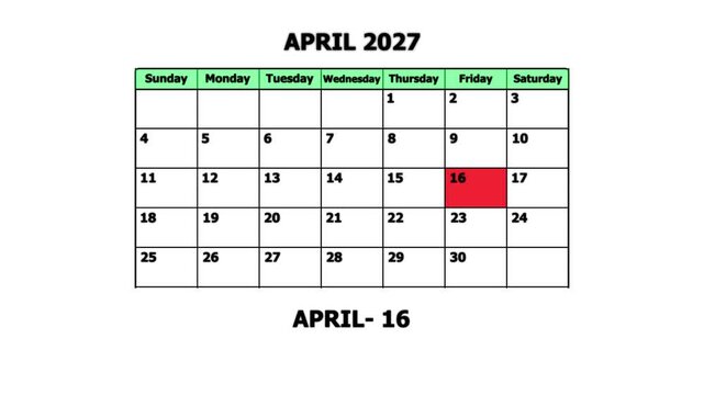 April 2027 calendar page with highlighted date of april 16th for planning, scheduling, and deadline management