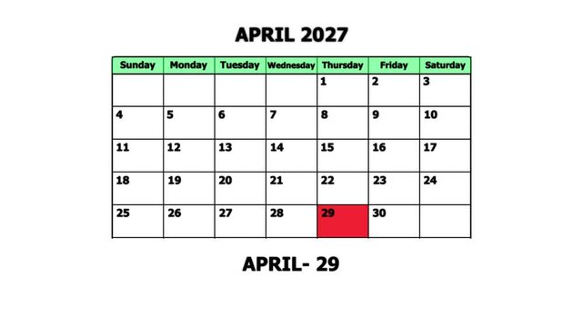 April 2027 calendar page with highlighted date april 29th for planning and scheduling schedule