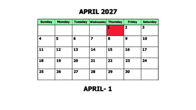 April 2027 calendar page with april 1st highlighted date for planning and scheduling monthly planner