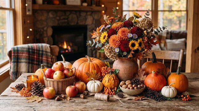 Autumn harvest display with pumpkins and gourds on wooden table