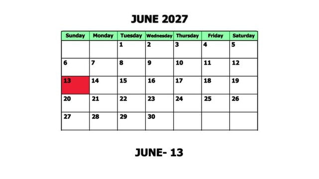 June 2027 calendar page with highlighted sunday june 13th date for planning and scheduling schedule