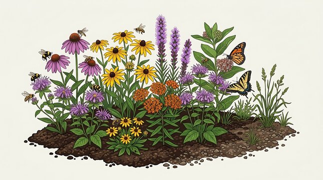 Native wildflowers and pollinators in a vibrant garden illustration