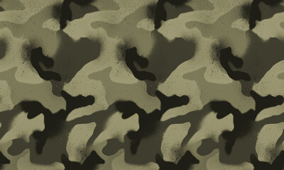 Camouflage seamless pattern with organic abstract shapes, distressed texture, and speckled details for military, outdoor, and fashion textile designs. © ClothingArtStudio 