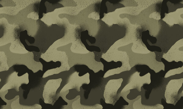 Camouflage seamless pattern with organic abstract shapes, distressed texture, and speckled details for military, outdoor, and fashion textile designs.
