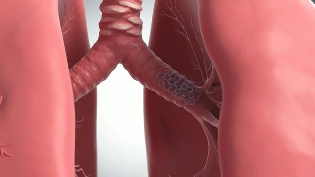 Healthy human lungs during normal breathing, realistic bronchi and alveoli, subtle expansion and contraction of the lungs with each breath, gentle airflow moving naturally through the airways