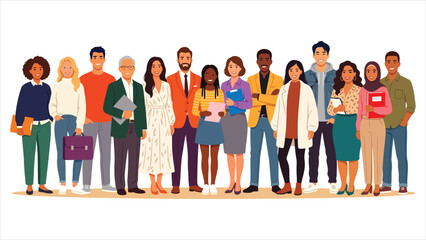 Obraz premium A Panoramic Flat Vector Illustration of a Diverse, Smiling Team of Professionals and Creatives