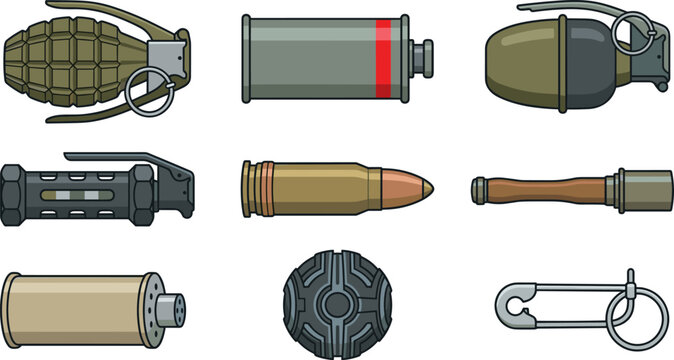 Flat Military Weapon and Grenade Icon Set with Explosive Symbols, Bullet Ammunition, Smoke Canisters, and Flashbangs for Gaming UI and Combat Asset Designs
