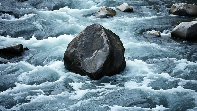 A large boulder standing in the center of a fast-flowing mountain river.