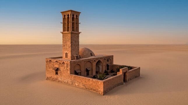 Ancient windcatcher tower in a vast desert landscape at sunset