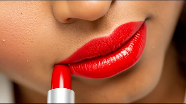 Close up of woman applying bright red lipstick to lips in beauty makeup routine