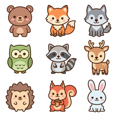 Fototapeta premium Cute cartoon forest animals collection: bear, fox, wolf, owl, raccoon, deer, hedgehog, squirrel, bunny.