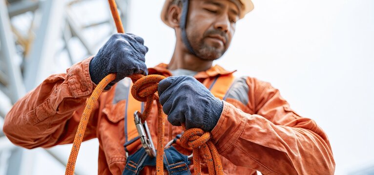 A construction worker dons fall protection equipment at an active site, prioritizing safety before working at heights.