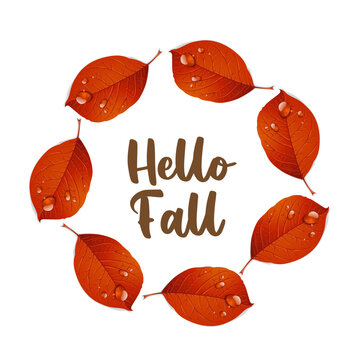 Round frame from red autumn leaves with scattered dewdrops isolated on white background