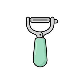 Handheld kitchen peeler with green handle on white background.