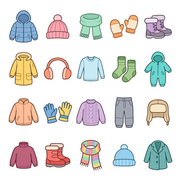 Colorful winter clothing collection for kids: coats, hats, boots, gloves, scarves.