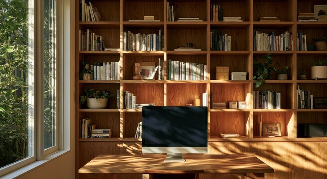 Wooden Study Desk with Computer in Warm Sunlit Home Library
