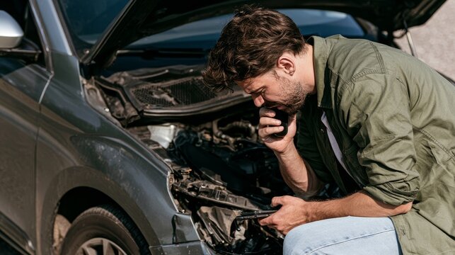 Young man inspecting a broken down car engine and calling for roadside assistance, dealing with vehicle trouble and unexpected mechanical problems during a roadside emergency