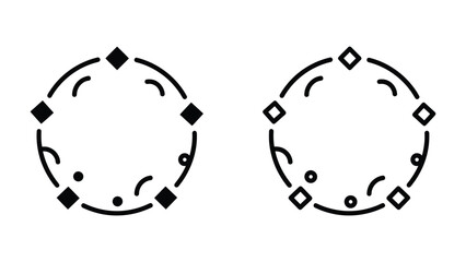 Fototapeta premium Geometric Circle Iconography: Two abstract circular designs featuring diamond shapes, arcs, and dots, conveying a sense of order and symbolic representation.