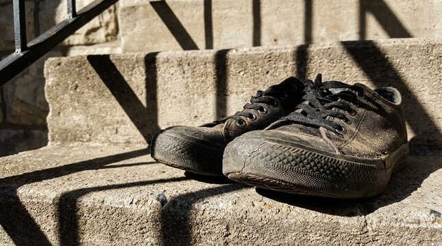 Rough stone steps leading upwards suggesting journey and passage, weathered texture, strong dramatic sunlight creating deep shadows, architectural element backdrop for conceptual shots