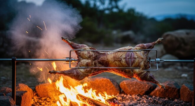 Whole animal roasting on a spit over campfire