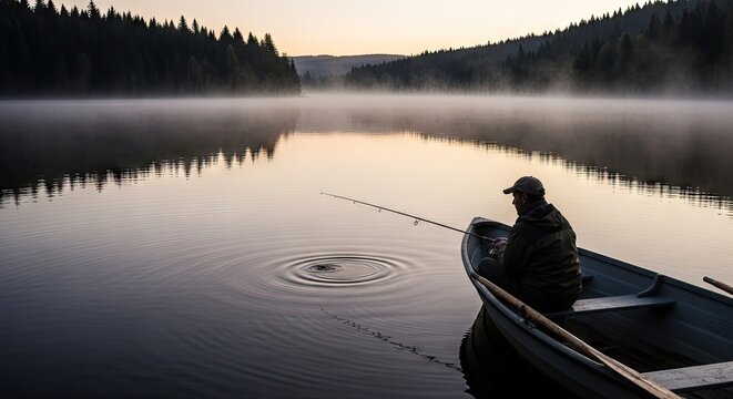 Fisherman in small boat on misty lake at dawn