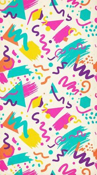 Vibrant abstract pattern background design, colorful geometric shapes repeating, perfect for wrapping paper, textile printing, or modern branding collateral, playful and energetic feel