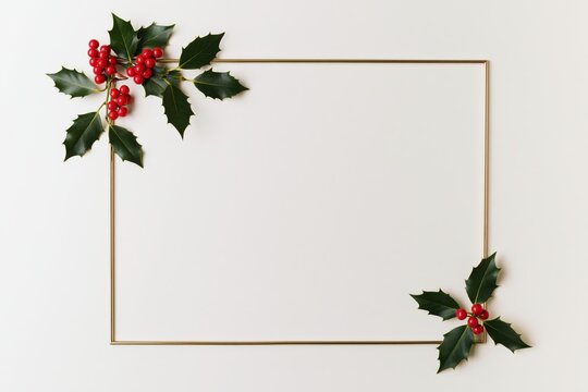 Elegant Golden Christmas Frame with Fir Branches and Red Holly Berries Holiday Border
