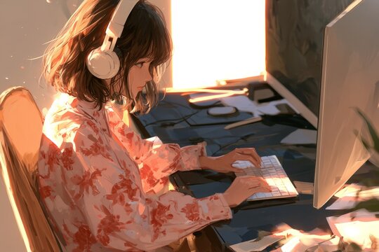 Anime Style Young Woman with Headphones Working at Computer