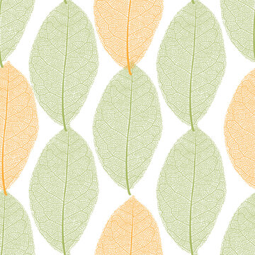 Seamless pattern from autumn orange and green summer leaves with thread