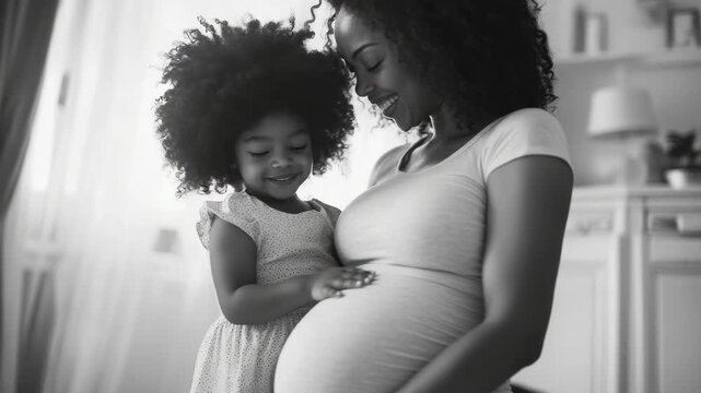 A touching moment between a mother and her daughter as the mother cradles her bump, both beaming with joy.